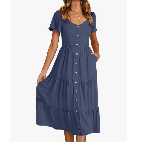 Women Blue Boho Faux Button Short Flutter Sleeve Midi T- Shirt Dress XL Pocket - Picture 4 of 15